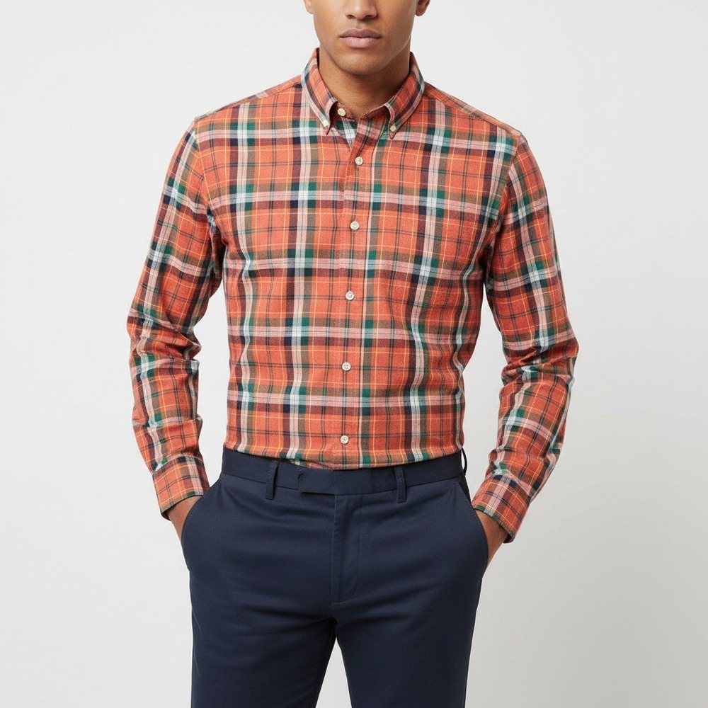 J.Crew Mens Plaid Button Down Shirt 100% Cotton Slim Fit Casual Orange Size M